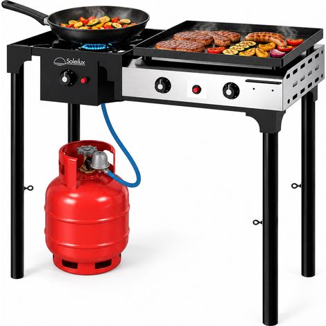 Barbecue a Gas 2 in 1 "DUALCHEF" con Fornello 4,5 kW e Plancha 4,8 kW 80x40cm, Accensione Piezoelettrica, Altezza Regolabile, Piastra Removibile, da Giardino e Terrazzo (1/5)