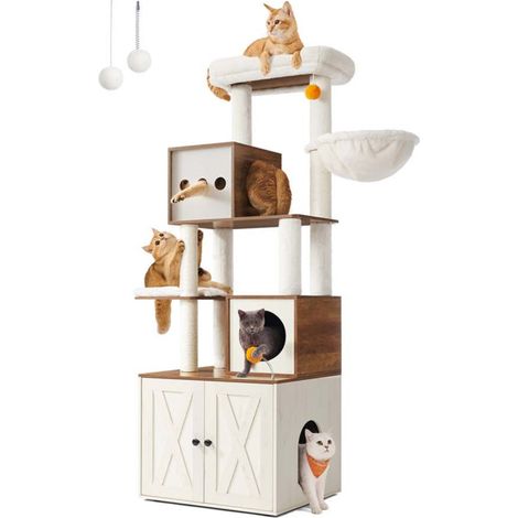 Arbre à chat moderne avec cache-litière tour de jeu griffoir avec maison de toilette 185 cm niche plateforme tapis lavables beige (1/5)