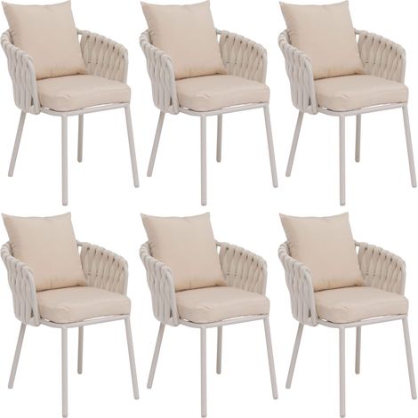 [NUNCA USADO] Juego de 6 sillas de comedor de aluminio HHG-190, silla de interior con reposabrazos, tela/tejido (180 g/m²) trenzado de cuerda, crema (1/5)