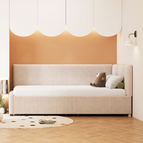 Lit rembourré, canapé-lit 90200 cm, avec 2 grands tiroirs de rangement, tissu velours doux pour la peau, beige (1/5)