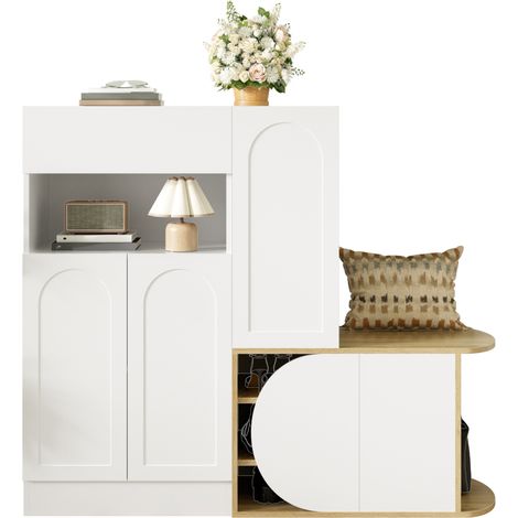 CHICFURN Meuble à chaussures avec banc, 5 portes, 1 tiroir et niche ouverte, rangement d'entrée en MDF blanc et bois clair, 130 x 35 x 110,5 cm (1/5)