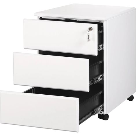 Archivador con ruedas de acero blanco, 3 cajones con cerradura y 2 llaves, 52,4 x 39 x 54 cm (1/5)
