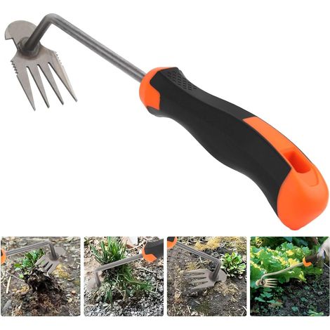 Unkraut Entferner Gerät, Gartenarbeit Hand Unkrautstecher, Unkrautstecher mit Stiel, Gartenwerkzeug, Unkraut Entferner Gerät, 4 Zähne Gartenkralle, Draussen Gartengeräte