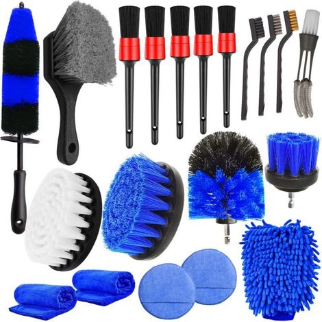 Kit de limpieza para coche 20 en 1: 1 cepillo para ruedas, 4 cepillos para taladro, 3 cepillos de alambre y guante de microfibra absorbente. (1/5)
