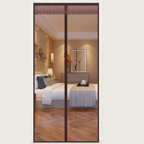 Rideau de porte magnétique anti-insectes marron, bande à motifs écossais, 120x220cm, doux, ventilé, sans bruit, garniture en dentelle pour salon chambre