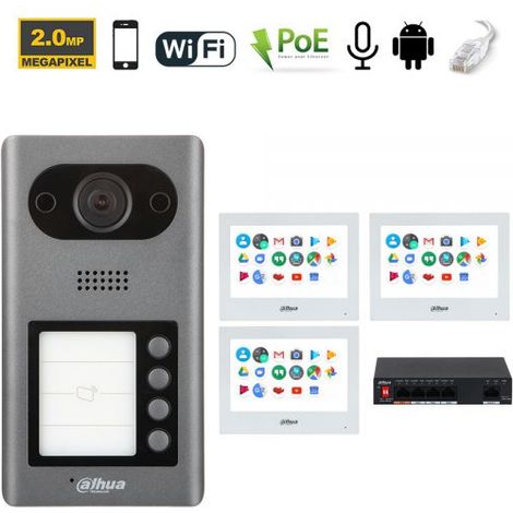 Dahua Kit videocitofonico IP - Wi-Fi Posto esterno VTO3211D-P4-S2 + Switch PFS3006-4ET-36 + Monitor 7" VTH5321GW-W Android Nr.03 Monitor