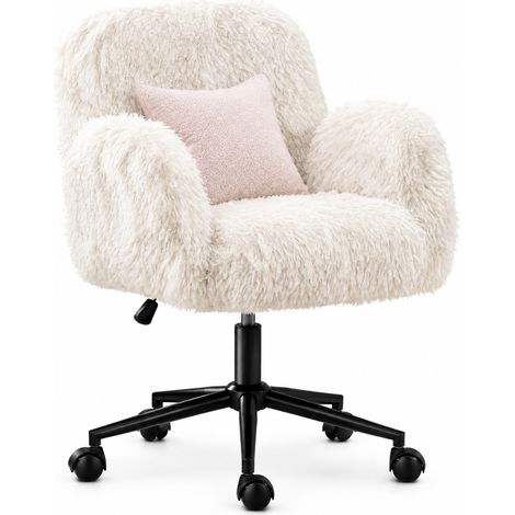 Chaise de Bureau en Laine Fleece Réglable en Hauteur avec Accoudoirs Repliables en Tissu Beige (1/5)