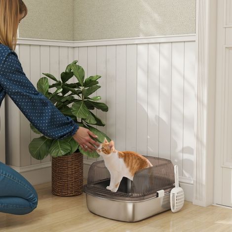 Bac à litière en inox à haut rebord avec pelle pour grands chats, 53x42x27cm gris charbon