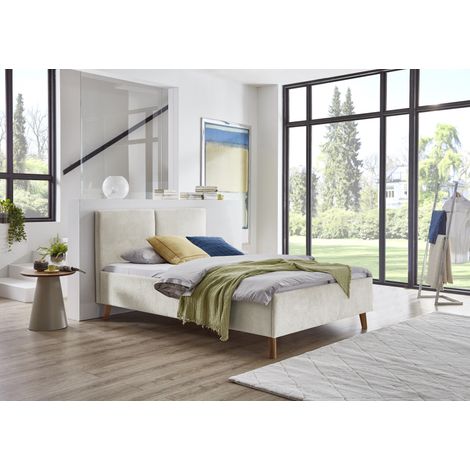 Meise Möbel Polsterbett Piano 140x200 cm Doppelbett Bettgestell Kopfteil mit tiefem Einzug Strukturstoff Beige Holzfuß eichefarbig (1/5)