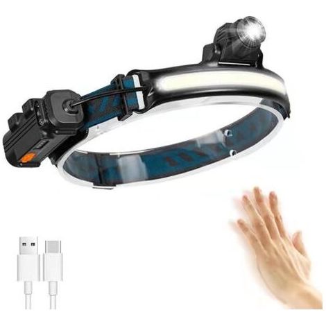 Lampe frontale, lampe torche LED rechargeable par USB, lampe frontale étanche IP65 avec zoom et mode capteur sensible pour la pêche, le camping, la course à pied, le cyclisme [Classe énergétique A++] (1/4)