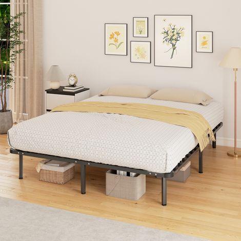 Struttura letto matrimoniale 160 x 190 cm in legno massello con rete a doghe e gambe, contenitore sottostante, colore nero. (1/5)
