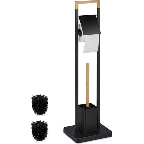 Serviteur WC, Bambou, Acier Inoxydable, Support à Poser, Brosse et Porte-Brosse, Noir - Nature (1/5)