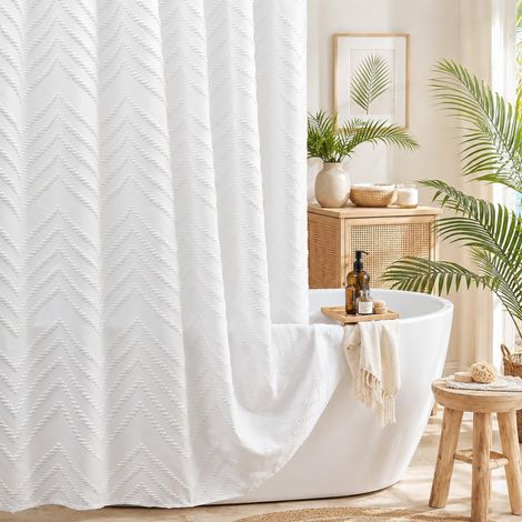 Rideau de Douche en Tissu Blanc 183 x 183 cm, Style Shabby Chic, texturé touffeté à Rayures, Rideau de Douche Minimaliste pour Salle de Bain (1/5)