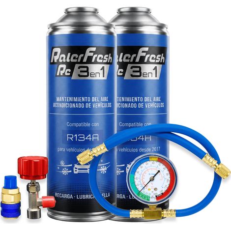 Pack gas refrigerante 2 botellas Ralerfresh RC R134A 3en1 500ml con Manometro RF32, llave y conector rápido