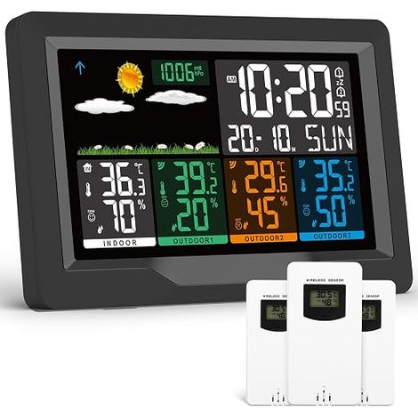 Wireless Weather Station with 3 Sensors Indoor Outdoor LCD Screen with 4 Adjustable Backlights, Radio Weather Stations with Barometer, Time, Alarm Clock, Weather Forecast (1/5)