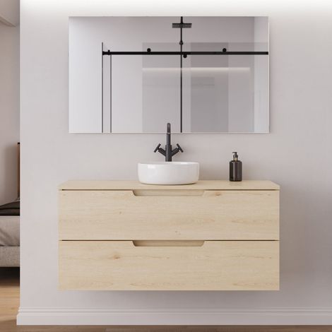 Meuble de salle de bain 120cm avec plateau et vasque à poser ronde - 2 tiroirs - roble calima (bois clair) - SONRIZA (1/5)