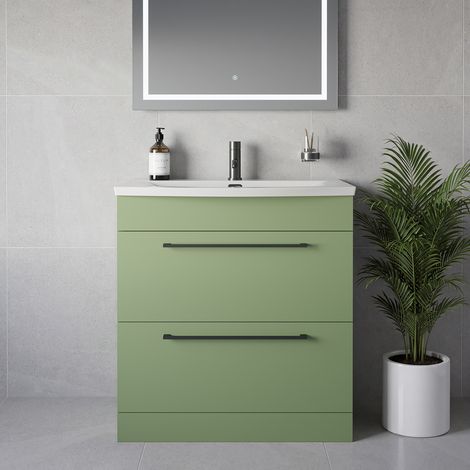 Napoli 390 Olive Green 800mm 2 Drawer Vanity Unit with Arc Basin - 800mm - Gunmetal Grey 480mm Handle
