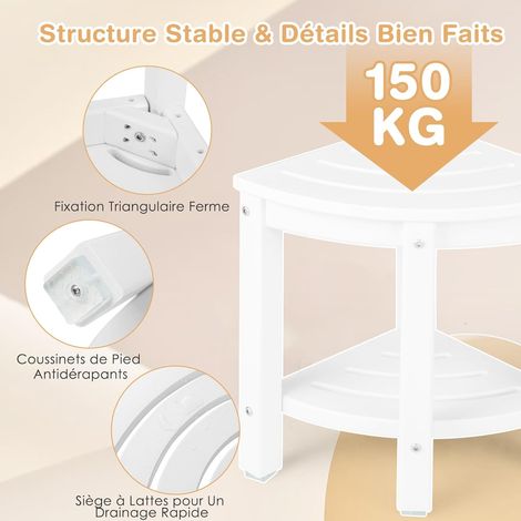 GOPLUS Tabouret d'angle avec Tablette, Banc de Douche en Forme d'Éventail, Tabouret de Douche pour Salle de Bain, Balcon, Charge 150 kg (Blanc) (1/4)
