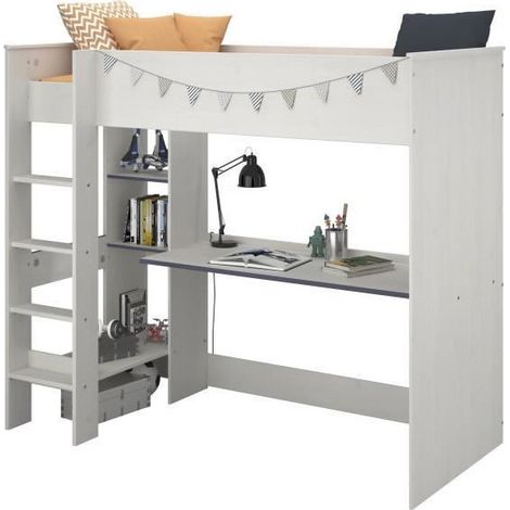 Lit mezzanine blanc avec bureau – Dimensions 90x200 cm – Hauteur 159 cm – Étagères intégrées – Convient aux enfants à partir de 6 ans – Parisot (1/10)