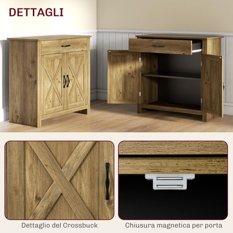 Buffet de campagne 80x39.7x80 cm, rangement avec placard 2 battants et tiroir, bois naturel aspect vieilli. (1/5)
