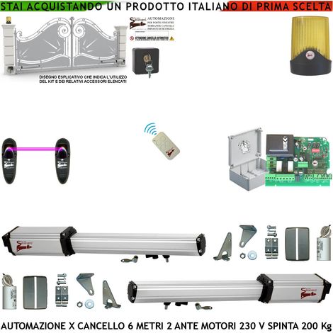 Cancello Automatico 6 Metri 2 Ante da 3 MT Kit Motori Elettromeccanici 230 V Corsa 500 mm Spinta 2 Q.tali Sblocco Staffe Radiocomando Fotocellule Selettore 2 Chiavi Faro Movimenti Cartello Monitore (1/5)