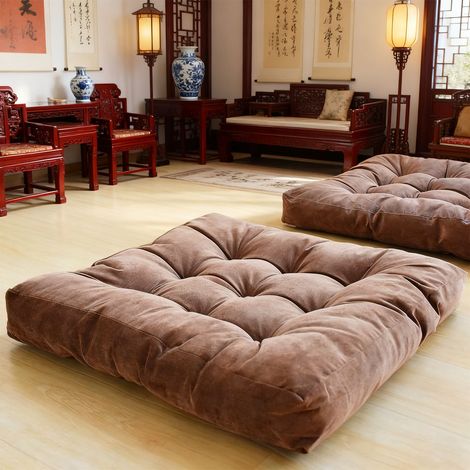 Coussin de siège en velours côtelé épais, rembourrage en coton, oreillers de sol confortables pour salon, méditation, marron foncé (1/5)