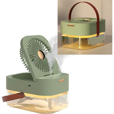 Ventilateur de bureau brumisateur pliable et silencieux avec veilleuse intégrée, idéal pour la maison, les voyages et le bureau (vert). (1/5)