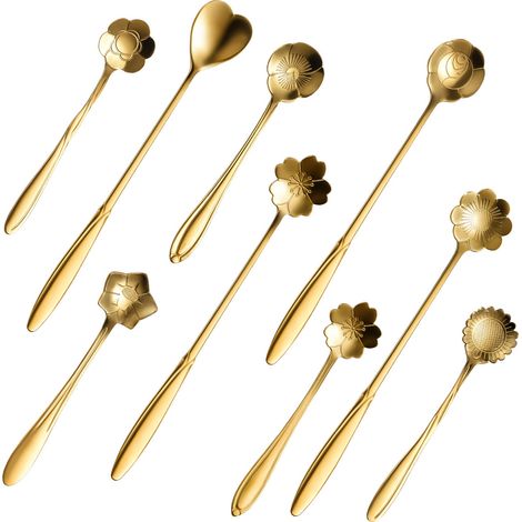 Ensemble de 9 pièces en forme de fleur comprenant une cuillère à café et une cuillère à dessert, en acier inoxydable, de jolies cuillères pouvant servir à remuer les boissons, les smoothies et les con (1/5)