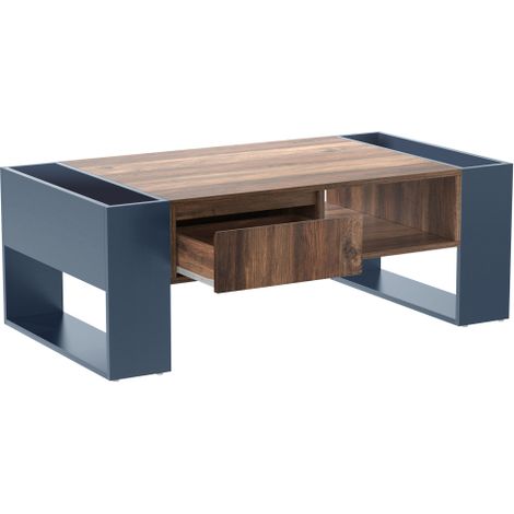 Table basse bois avec tiroir sans poignée et rangement, anthracite