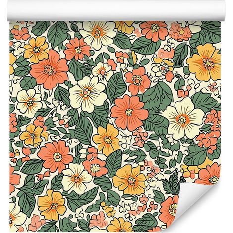 Papel pintado de flores beige y verdes para salón y dormitorio, 50x1000 cm. (1/5)