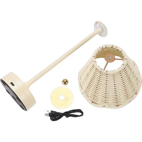 Lampe de table en rotin LED sans fil, abat-jour osier tressé, 3 couleurs, luminosité réglable, rechargeable USB-C, design vintage blanc pour chambre (1/5)