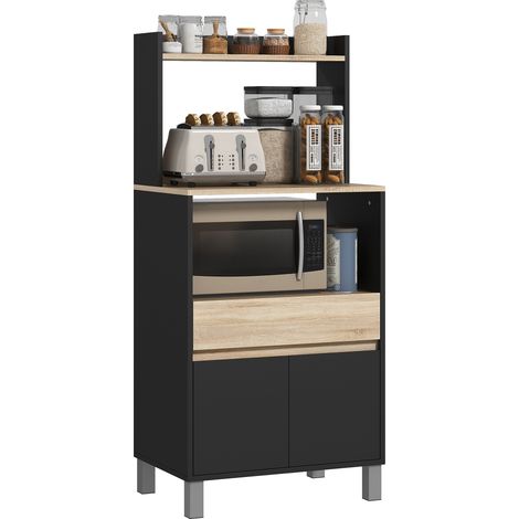Homcom – Desserte de cuisine micro-ondes 60 x 40 x 131 cm – Panneau de particules noir et naturel – Multi-rangements avec tiroir et placard (1/5)
