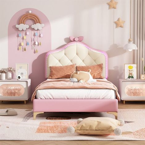 Lit jeune 90x200 cm rembourré rose avec LED et lattes bois — sommier inclus (1/5)