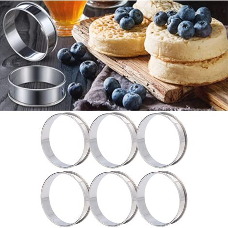 6 anneaux à muffins en acier inoxydable, double volume et démoulage facile, pour la préparation de crumpets et pains anglais à la maison - Lot de 6, diamètre 8 cm