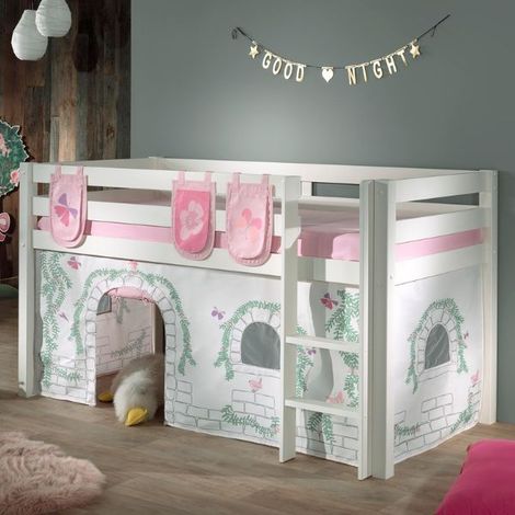 Lit mezzanine 90x200 avec tente et 3 pochettes contra pin massif blanc Pino (1/5)