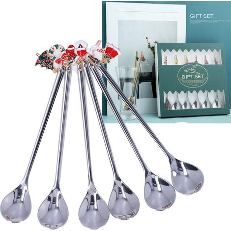 Ensemble de 6 cuillères de Noël en acier inoxydable, avec pendentif créatif, pour mélanger la glace et le café. Couleur argent. (1/5)