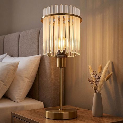 LED Tischleuchte Beistelllampe Nachttischlampe Schlafzimmerleuchte Wohnzimmerlampe, Metall Gold Glasstäbe, 1x E14 Retro LED warmweiß, H 37,5 cm (1/5)