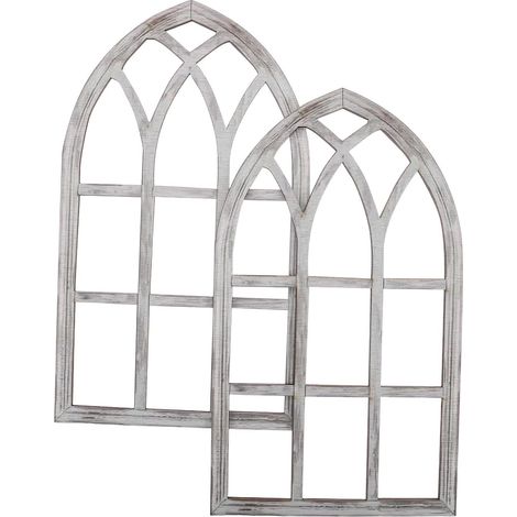 2 Pièces Fenêtre Décorative Murale Arquée Bois Vintage Cadre Faux Style Fermette Rustique Décoration Murale Intérieure Authentique pour Salon (1/5)