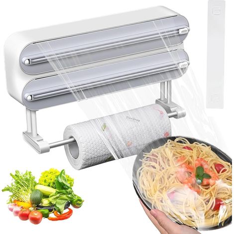 1 Dérouleur Film Alimentaire Magnétique 3 En 1 Support Papier Aluminium Essuie Tout Cuisine Gris (1/5)