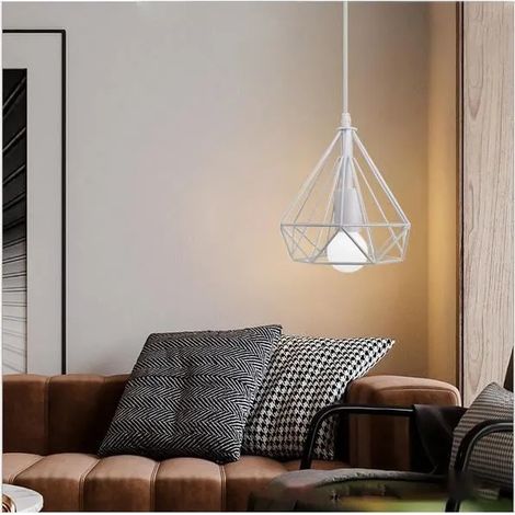 Moderne Suspension Luminaire en Métal Blanc,E27 Lampe Suspension Industrielle en Cage Diamant pour Salon Chambre,20CM (1/4)