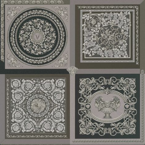 Papier peint baroque marron et argent Tapisserie effet carreaux en mosaïque Papier peint luxe ornements idéal pour salon (1/2)