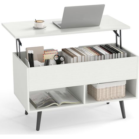 COSTWAY Lift Top Coffee Table Mid Century Modern Accent Table w/Shelves-White (1/4)