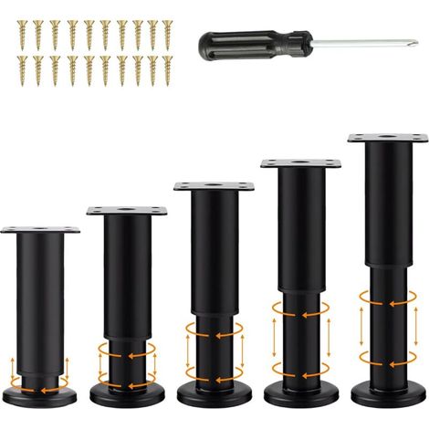 ZVD 5 Pièces Pieds Meubles Noir Réglables 18-30cm, Jambe Support Canapé avec 20 Vis et 1 Tournevis, Universel Perçage sans (1/4)
