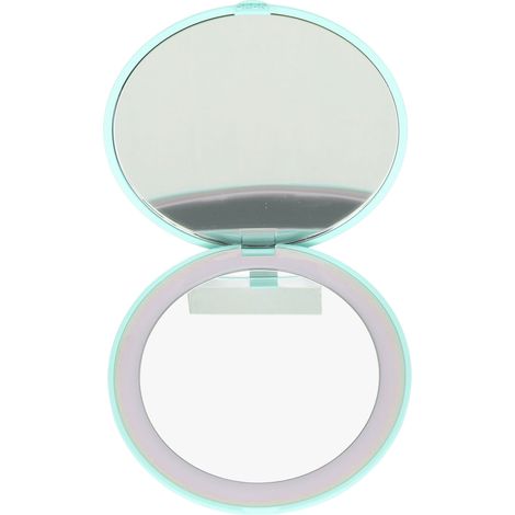 Tragbarer 3,5-Zoll-LED-Schminkspiegel, doppelseitig mit 1-facher und 2-facher Vergrößerung, 6500K Licht, faltbar und kompakt für Reisen, grüne Farbe.