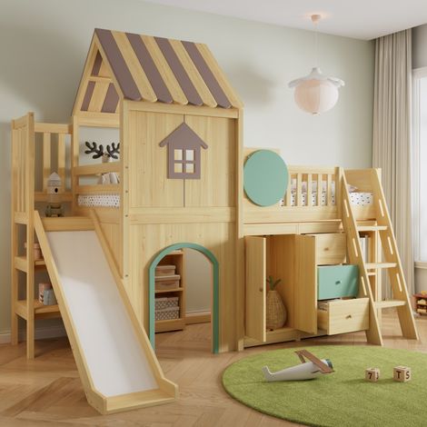 Lit mezzanine 90x200 cm pour enfant avec toboggan escalier 3 marches, rangement tiroirs penderie pin MDF couleur naturel et vert (sans Matelas) (1/5)