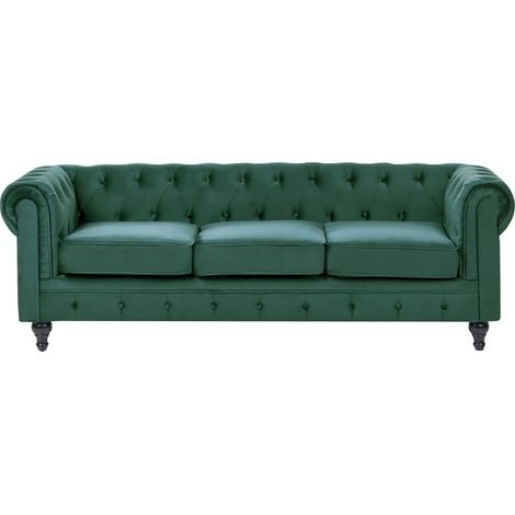 Divano vintage a 3 posti in tessuto verde Chesterfield