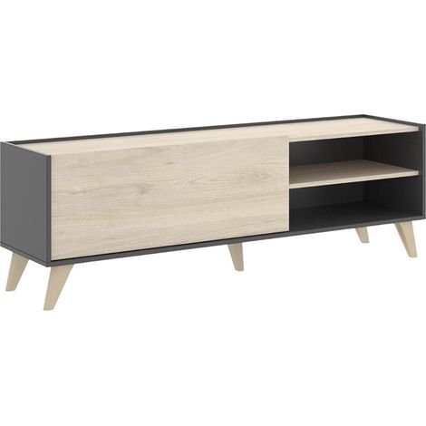 Meuble TV 1 porte coloris graphite/naturel - Longueur 155 x Hauteur 47 x Profondeur 43 cm -PEGANE- (1/5)