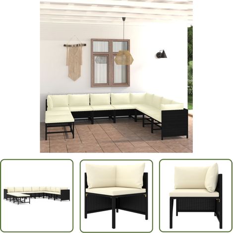 The Living Store 11-tlg. Garten-Lounge-Set mit Kissen Poly Rattan Schwarz - Gartenloungeset - Loungeset - Rattanmöbel - Outdoormöbel - Gartengeräte (1/5)