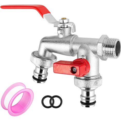Robinet Double Sortie Robinet de Jardin 3/4'' Pouce Robinet d'eau en Laiton Double, Résistant à la Rouille et au Gel Pour Jardin, Machine à Laver, Baril de Pluie (1/5)