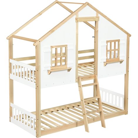 Letto a castello bambini 90x200 cm con tetto e finestre, bianco e naturale (1/5)